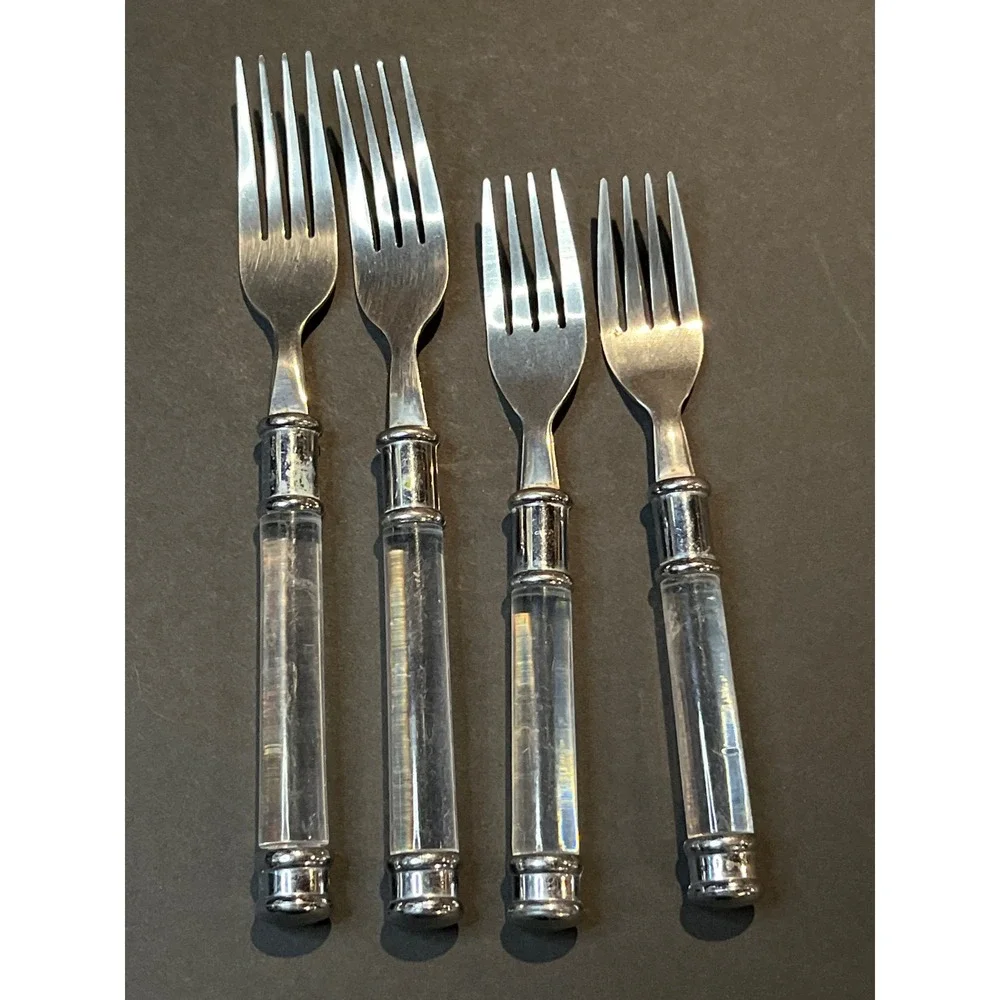 Set of 4 Stainless Steel Forks Clear Acrylic Handles Dinner Salad Silver Tone